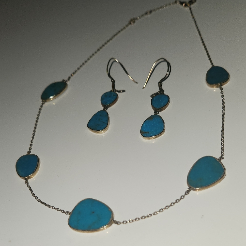 Sterling Silver And  Blue Turquoise Stone Necklace and Earring Set